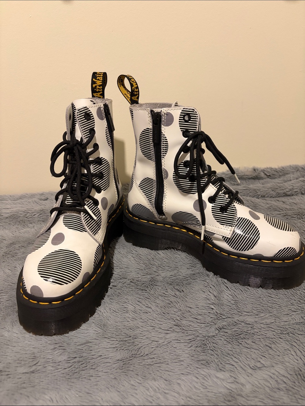 Dr. Martens White Leather Lace-Up Platform Boots with Black Polka Dot Print